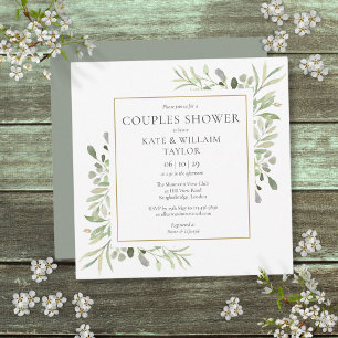 Invitación Lluvia de bebés para parejas con greenery en acuar