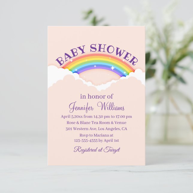 Invitación lluvia de bebés rosa arcoíris y nubes elegante lin (Anverso de pie)
