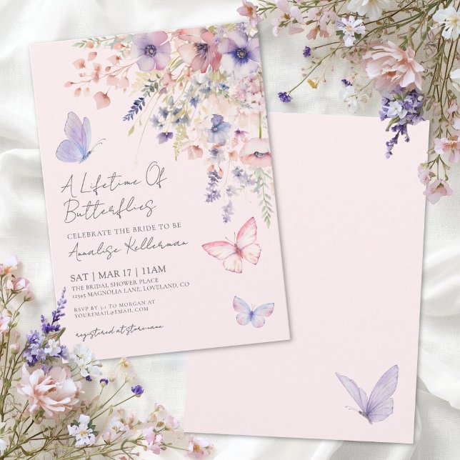 Invitación Lluvia de Beso de Mariposa Rosa Floral Bridal Show (Butterfly Blush Pink Floral Bridal Shower Invitation)