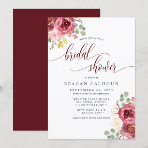 Invitación Lluvia de Boda Acuarela Floral Rojo Profundo Merlo