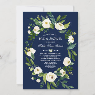 Invitación Lluvia de boda azul marino floral blanca acuarela