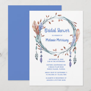 Invitación Lluvia de Boda Azul Plumas Tribales Boho