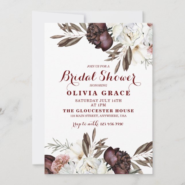 Invitación Lluvia de boda boho rosas borgoña otoño (Anverso)