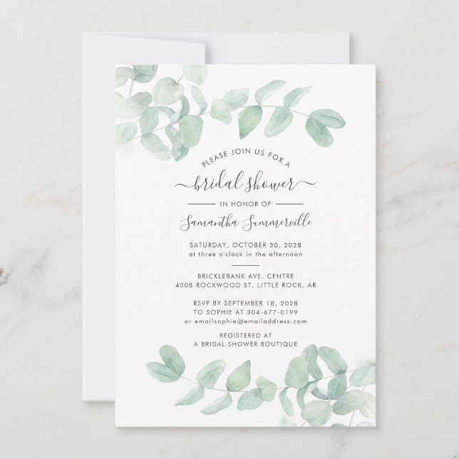 Invitación Lluvia de Boda Botánico Guión Verde Eucalipto (Anverso)