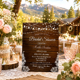 Invitación Lluvia de Boda con Madera Rústica y Luces de Cuerd