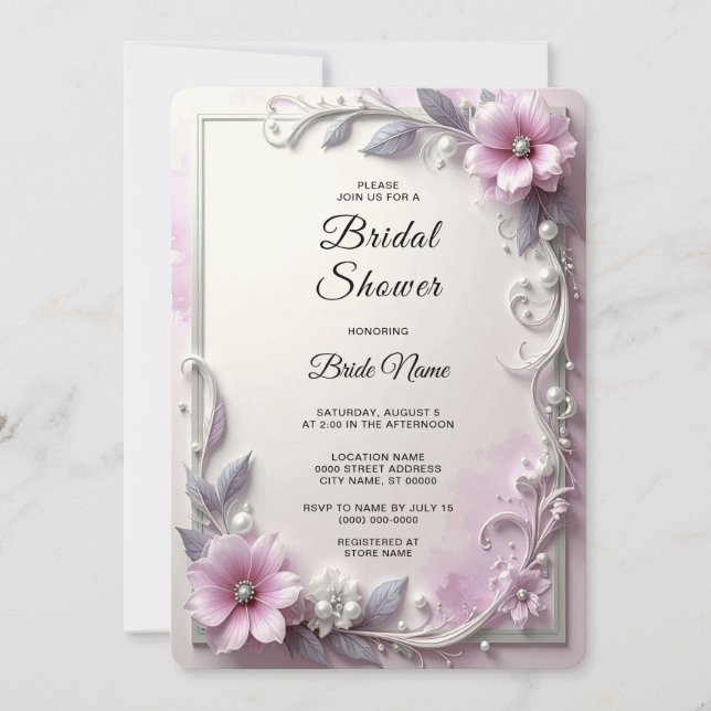 Invitación Lluvia de Boda con Marco Floral Rosa (Anverso)