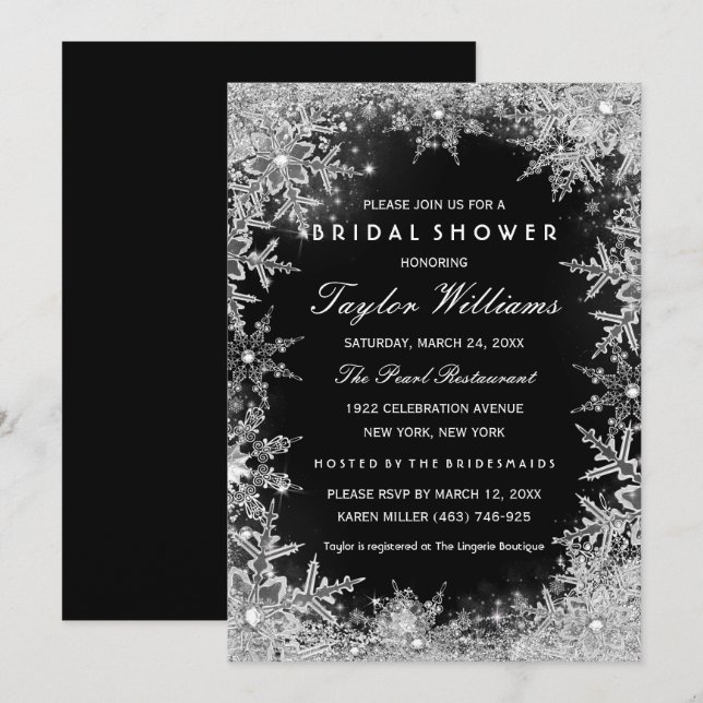 Invitación Lluvia de Boda Copo de Nieve Joya Plata Negro (Anverso / Reverso)