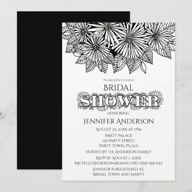 Invitación Lluvia de Boda Daisy Blanco y Negro (Anverso / Reverso)