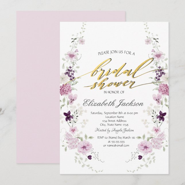 Invitación Lluvia de boda de acuarela de flores silvestres pú (Anverso / Reverso)