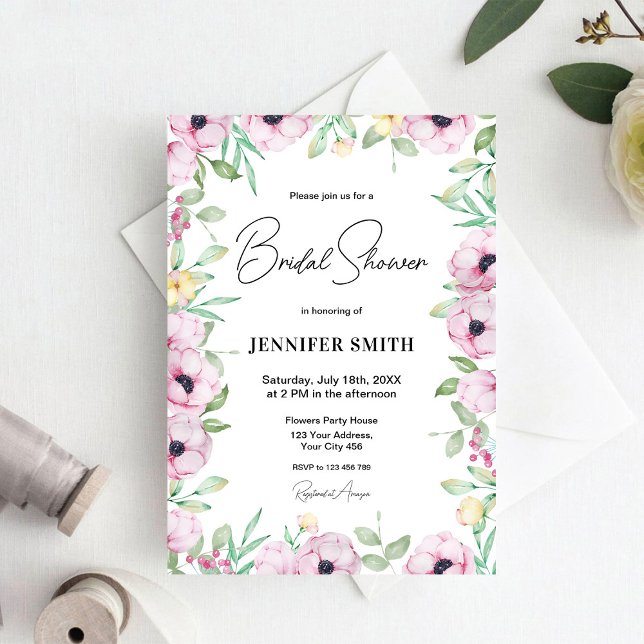 Invitación Lluvia de Boda de Anémonas Florales Rosadas (Subido por el creador)