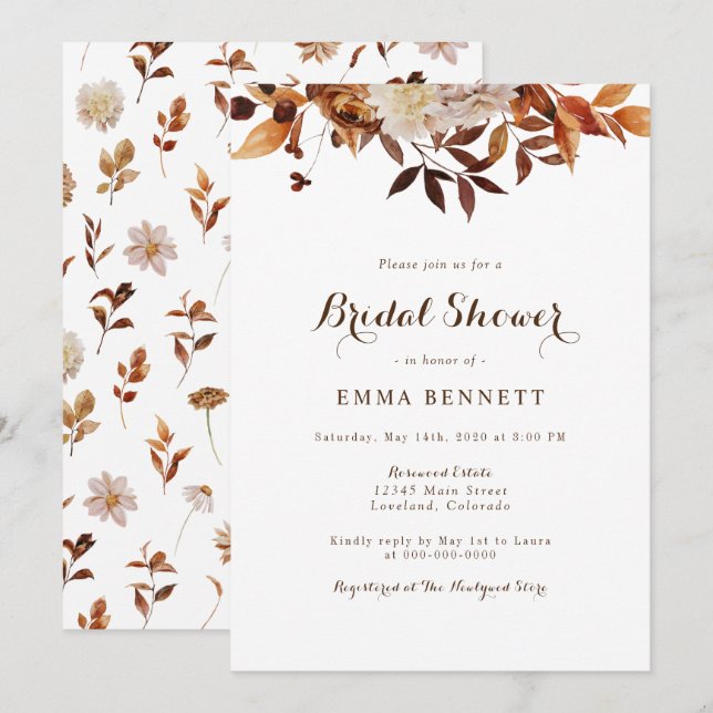 Invitación Lluvia de boda de botánicos de otoño en acuarela (Anverso / Reverso)
