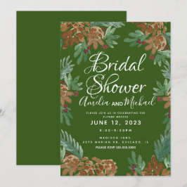 Invitación Lluvia de Boda de Conos de Pino Marrones Acuarela