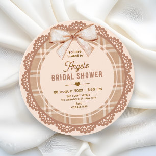 Invitación Lluvia de boda de cuadros con lazo beige marrón