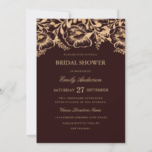 Invitación Lluvia de Boda de Floral Borgoña Dorado Vintage