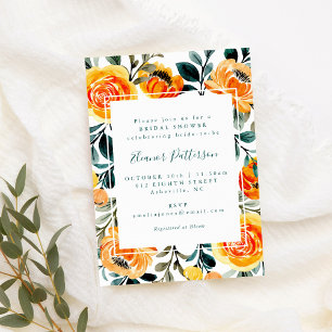 Invitación Lluvia de Boda de Flores Acuarela Naranja Rústica