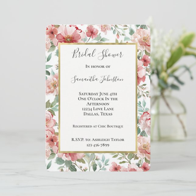 Invitación Lluvia de Boda de Flores Rosadas Rojas (Anverso de pie)