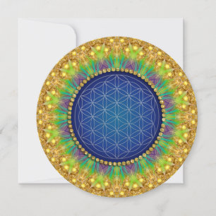 Invitación Lluvia de boda de geometría sagrada azul real dora