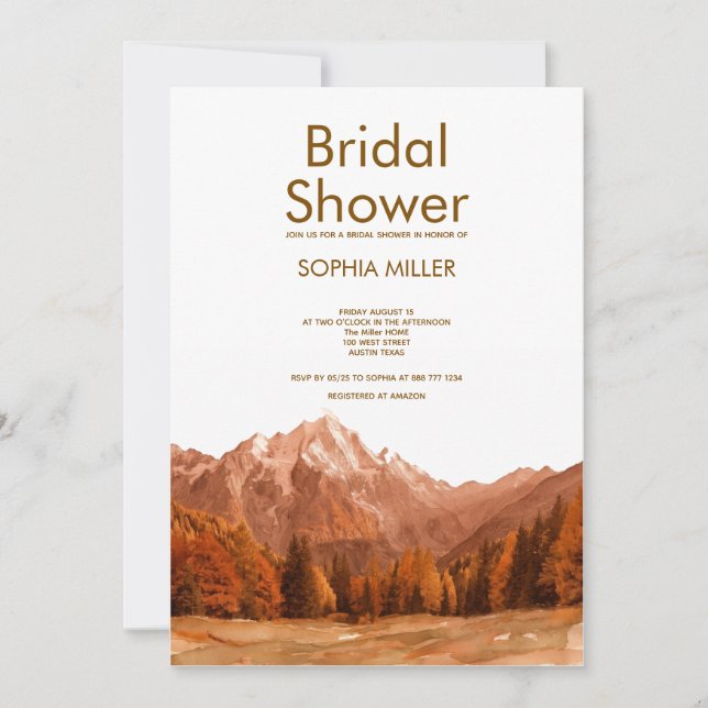 Invitación lluvia de boda de montaña acuarela marrón rústica (Anverso)