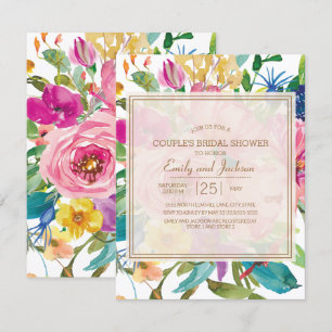 Invitación Lluvia de Boda de Pareja Floral Script Rosa Amaril
