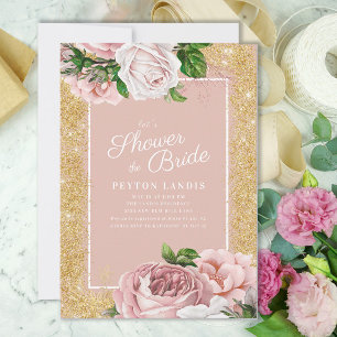 Invitación Lluvia de Boda de Rosa Dorada con Brillo Rosa