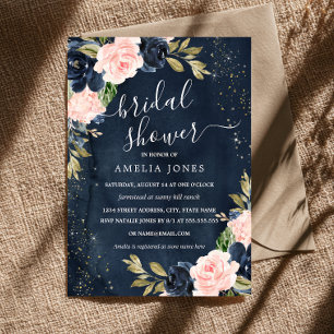 Invitación Lluvia de Boda de Rosa Naval Floral Brillante