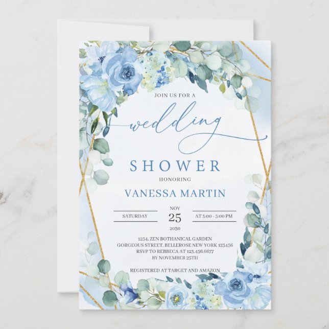 Invitación Lluvia de Boda de Rosas Azules Rústicas Geométrica (Anverso)