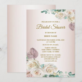 Invitación Lluvia de Boda de Rosas Blancas Rosadas Acuarela V