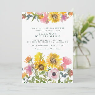 Invitación Lluvia de Boda Floral Acuarela Amarillo Girasol