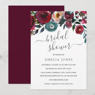 Invitación Lluvia de boda floral acuarela azul de Borgoña