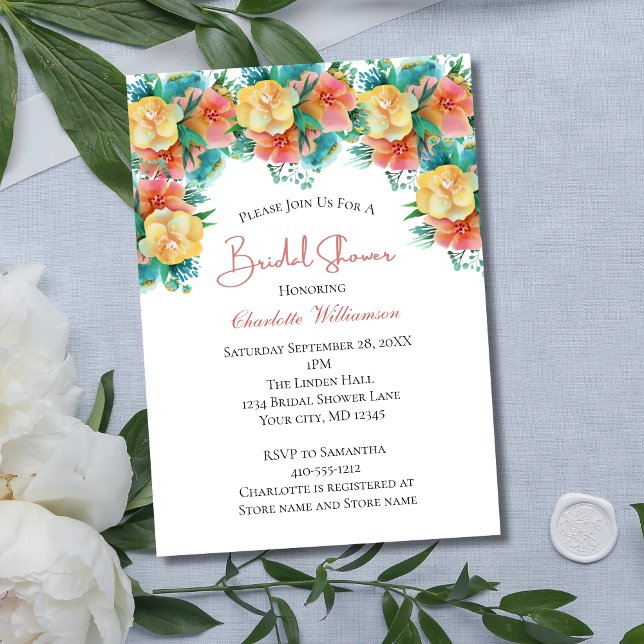 Invitación Lluvia de Boda Floral Amarillo Melocotón Rosa Verd (Yellow Pink Peach Floral Greenery Bridal Shower Invitation)