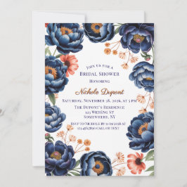 Invitación Lluvia de boda floral azul marino y naranja quemad
