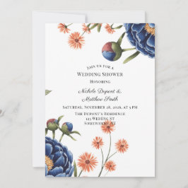 Invitación Lluvia de Boda Floral Azul Marino y Naranja Quemad