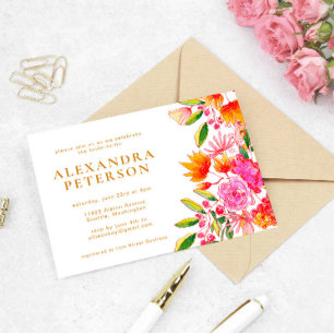 Invitación Lluvia de boda floral de acuarela rosa y naranja