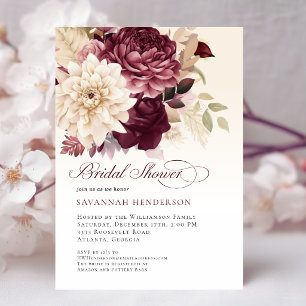 Invitación Lluvia de boda floral de color burgundy y crema en