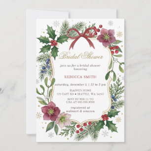 Invitación Lluvia de Boda Floral de Invierno con Lazo Rojo de