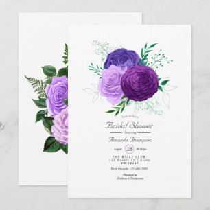 Invitación Lluvia de boda floral en acuarela púrpura y verde