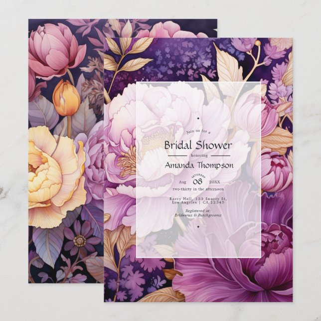 Invitación Lluvia de boda floral en malva y oro (Anverso / Reverso)