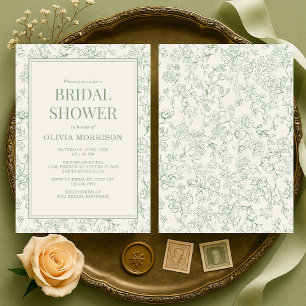 Invitación Lluvia de Boda Floral Francesa Verde Salvia Marfil