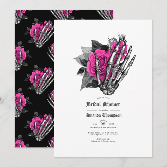 Invitación Lluvia de Boda Floral Gótico Rosa Intenso (Anverso / Reverso)