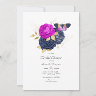 Invitación Lluvia de boda floral magenta, navy y dorado
