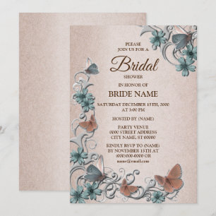 Invitación Lluvia de Boda Floral Mariposa Plata Verde Acuario