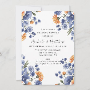 Invitación Lluvia de boda floral naranja y azul cobalto