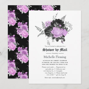 Invitación Lluvia de Boda Floral Negra, Morada y Plateada por