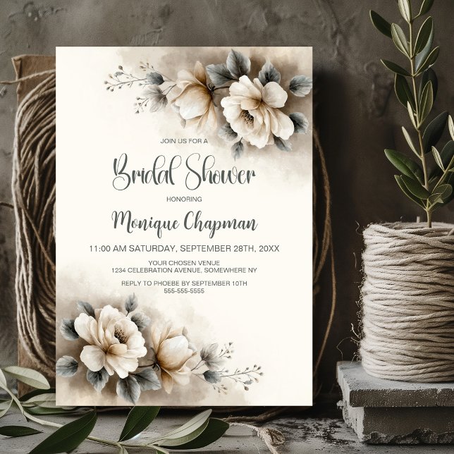 Invitación Lluvia de Boda Floral Neutral Rústica (Subido por el creador)