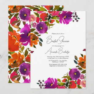 Invitación Lluvia de boda floral púrpura y naranja