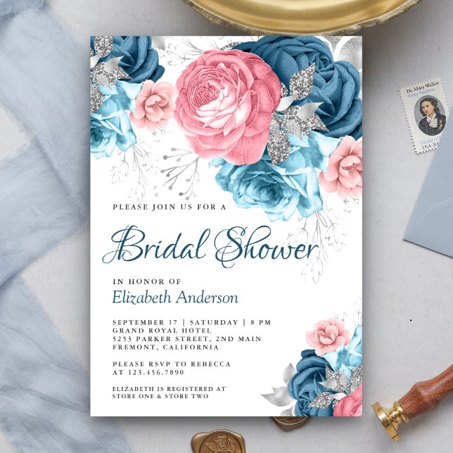 Invitación Lluvia de Boda Floral Rosa Azul Polvoriento Rústic (Subido por el creador)