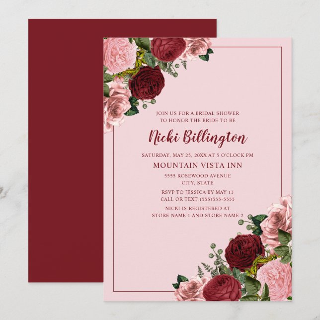 Invitación Lluvia de Boda Floral Rosa Borgoña Rústica (Anverso / Reverso)
