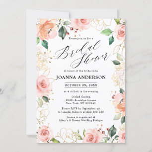Invitación Lluvia de boda floral rosa pastel con rubor