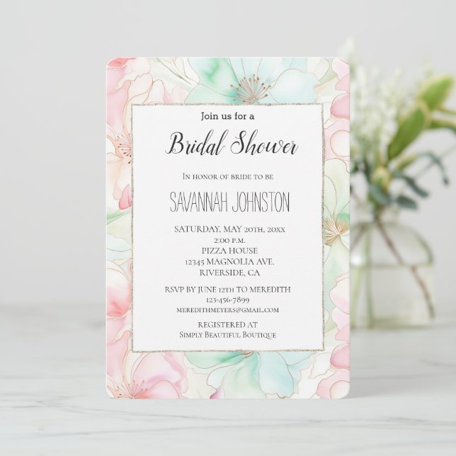 Invitación Lluvia de Boda Flores Rosa Mint (Anverso de pie)