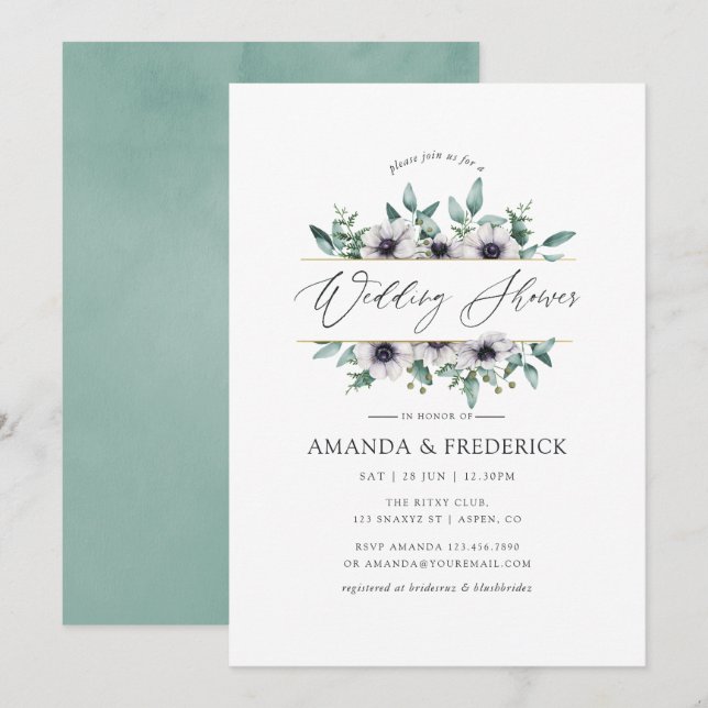 Invitación Lluvia de Boda Geométrica de Anémona de Eucalipto (Anverso / Reverso)